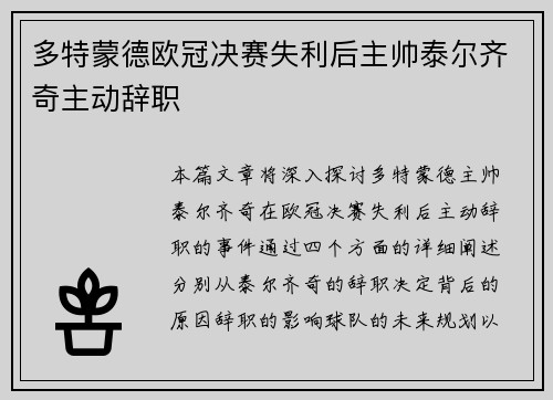 多特蒙德欧冠决赛失利后主帅泰尔齐奇主动辞职